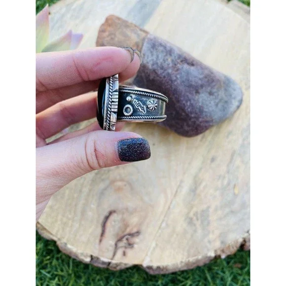 Navajo Sterling Silver & Black Onyx Ring Size 13.5 Signed